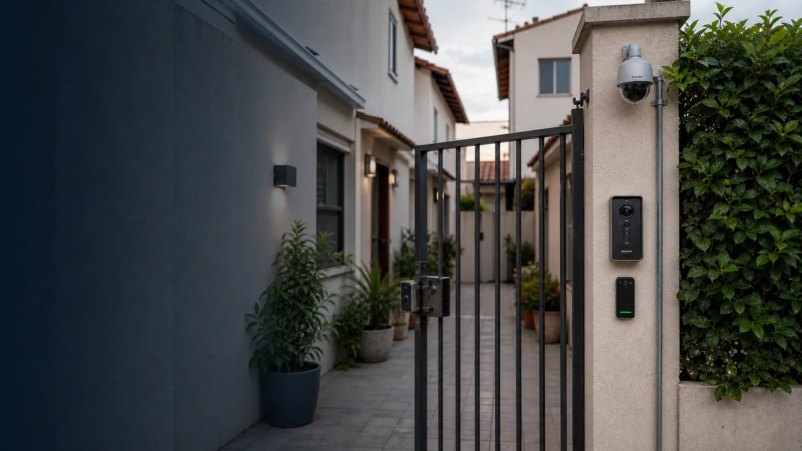 Vila residencial com portão automatizado, câmeras discretas e acesso compartilhado.