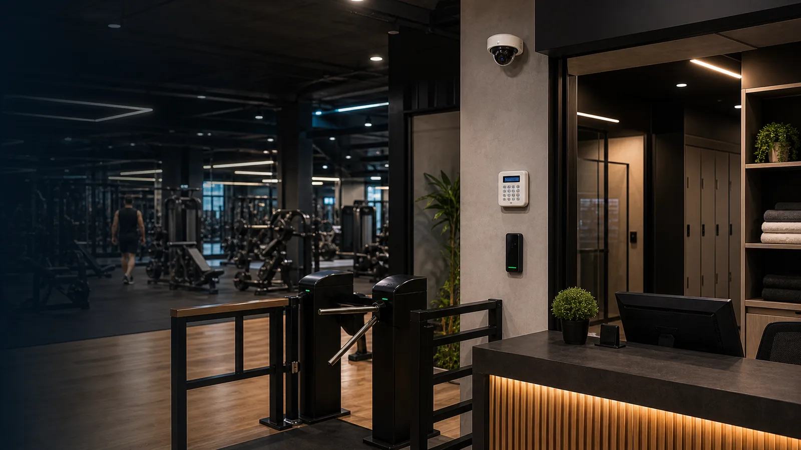 Academia com recepção, controle de acesso, câmeras e Áreas de treino monitoradas.