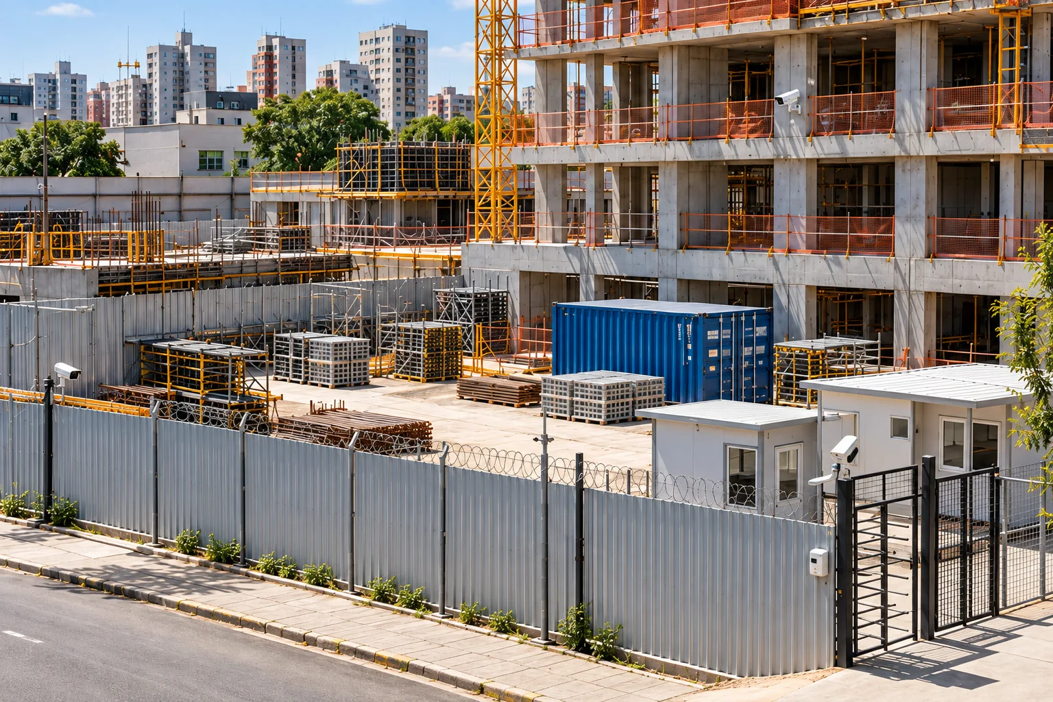 Canteiro ilustrativo com tapumes, portaria, contêiner de armazenamento e estrutura de um edifício em construção.