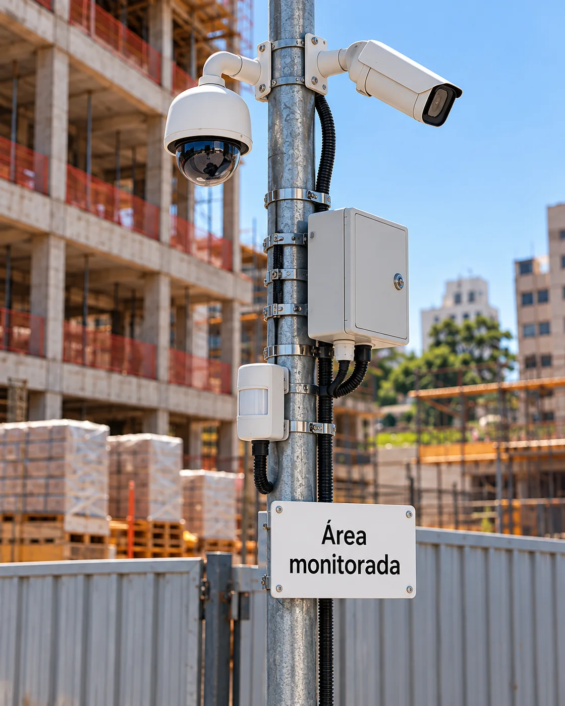 Montagem ilustrativa de câmeras, detector, caixa de conexões e placa de área monitorada em um poste junto a uma obra.