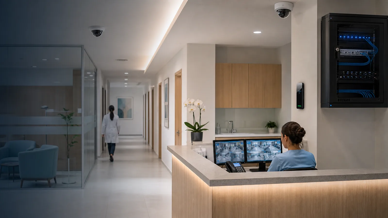 Clinica com recepção, circulação controlada e infraestrutura de segurança discreta.