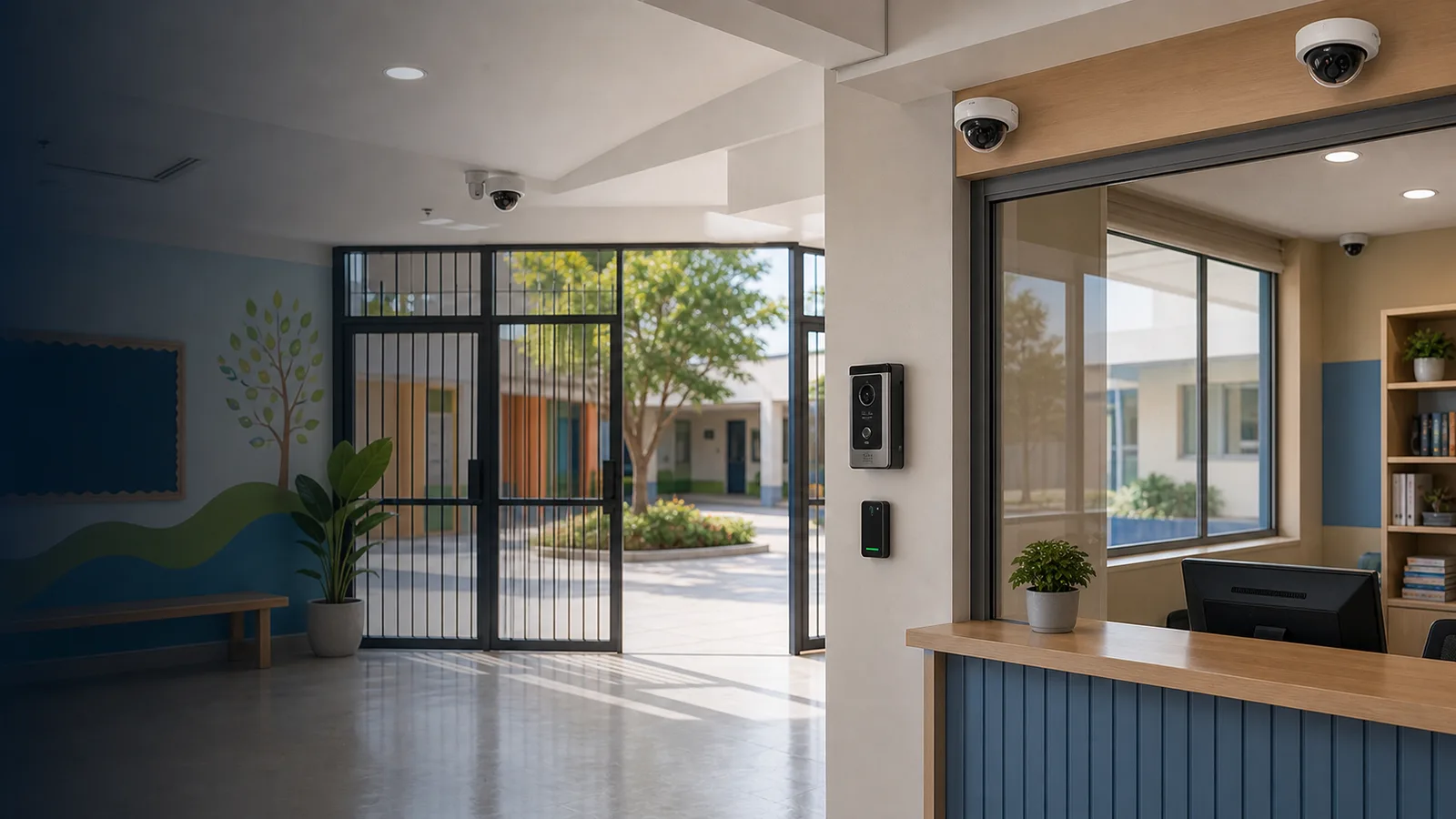Entrada de escola com controle de acesso, câmeras e comunicação com a recepção.