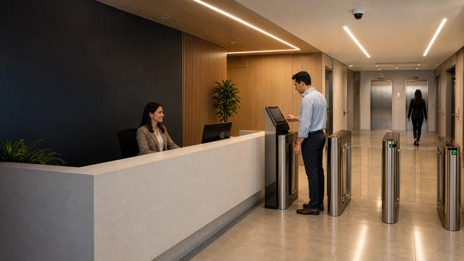 Recepção corporativa contemporânea com balcão, catracas e acesso organizado.