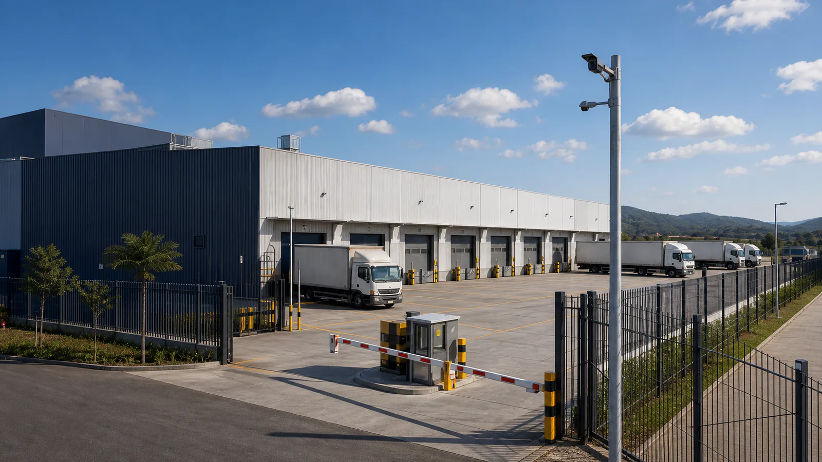 Centro de distribuição ao entardecer com pátio, docas, caminhões e câmeras discretas no perímetro.