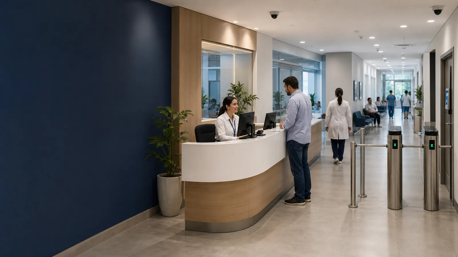 Recepção de centro médico com circulação organizada, balcão de atendimento e controle de acesso discreto.