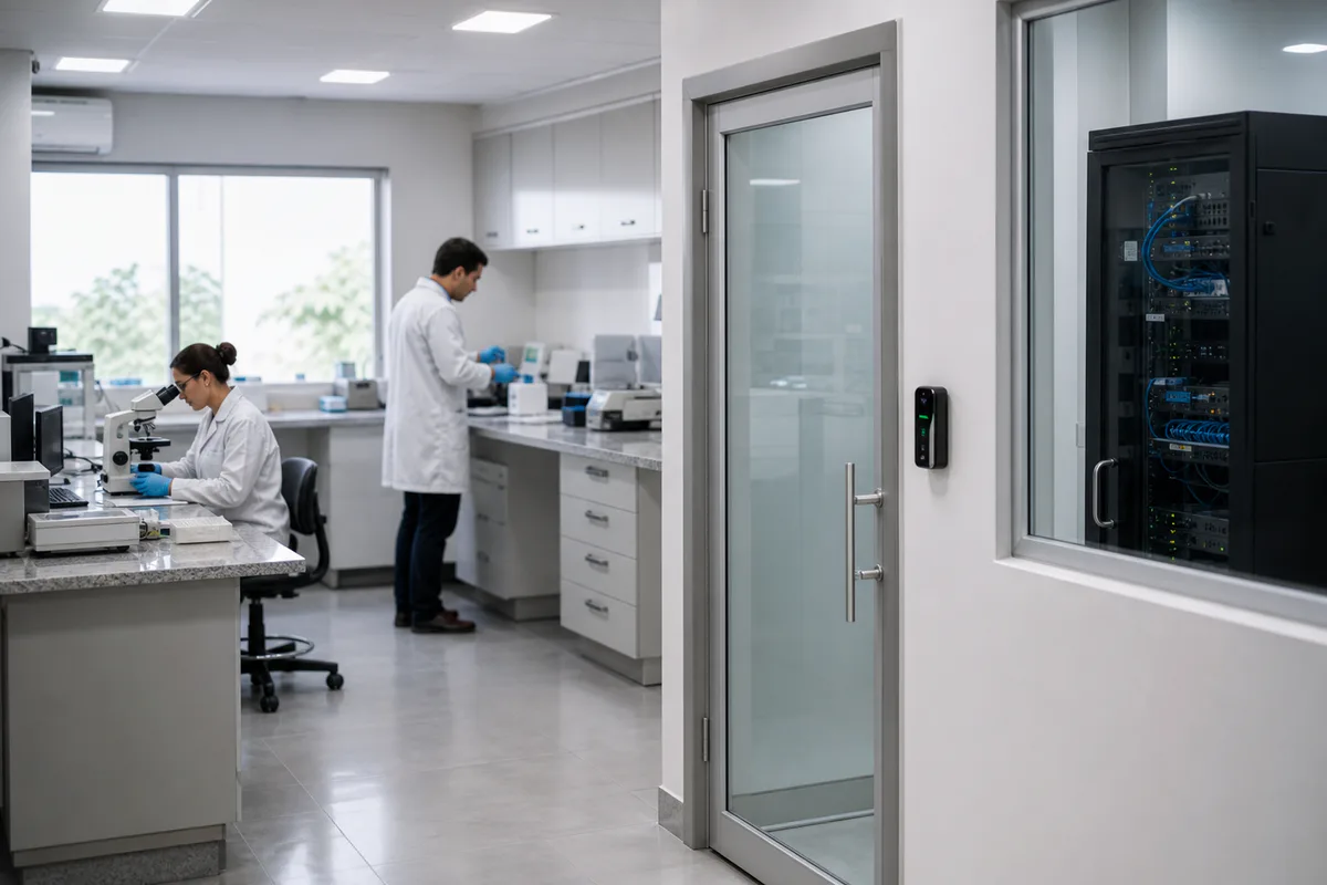 Laboratório técnico ao lado de acesso restrito e infraestrutura de rede organizada.