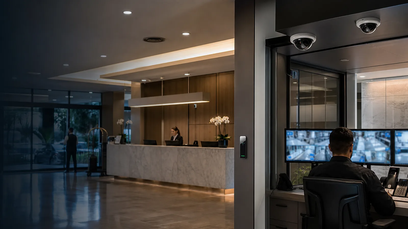 Recepção de hotel com controle de acesso, câmeras e equipe técnica verificando infraestrutura.