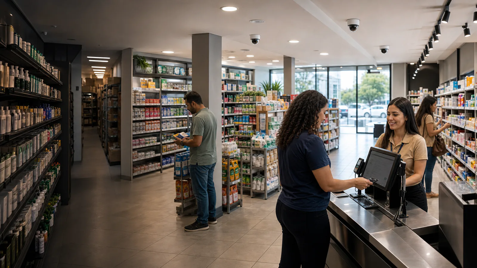 Interior de loja sem marcas com entrada, área de atendimento, caixas e câmeras discretas no teto.
