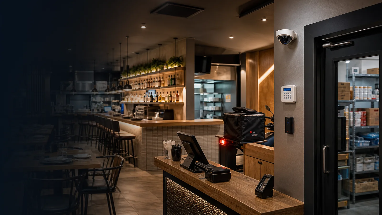 Restaurante em operação com câmeras, caixa, estoque e infraestrutura técnica monitorada.