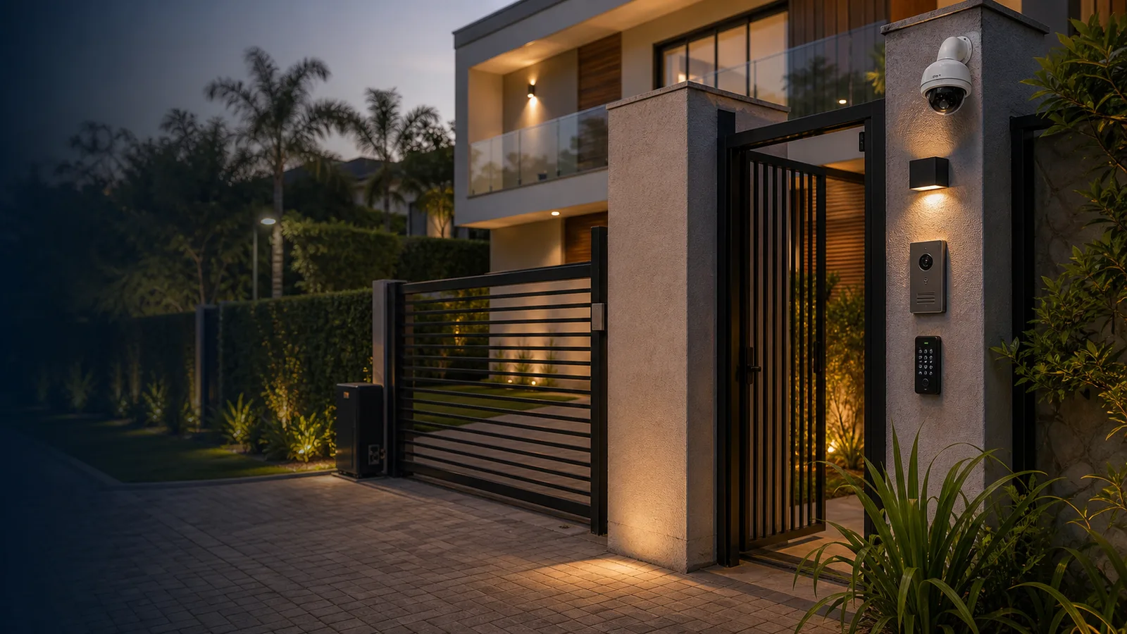 Casa em condomínio com portão automatizado, câmeras externas e fechadura digital.