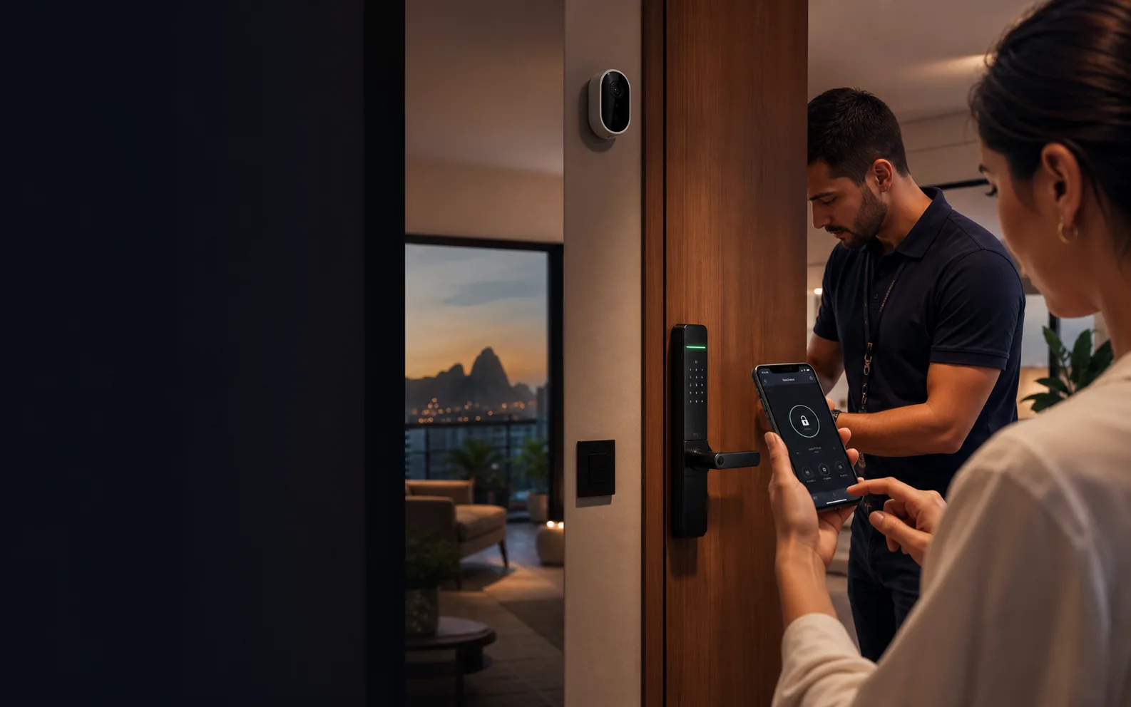 Fechadura digital residencial sendo configurada por aplicativo em apartamento moderno no Rio de Janeiro.