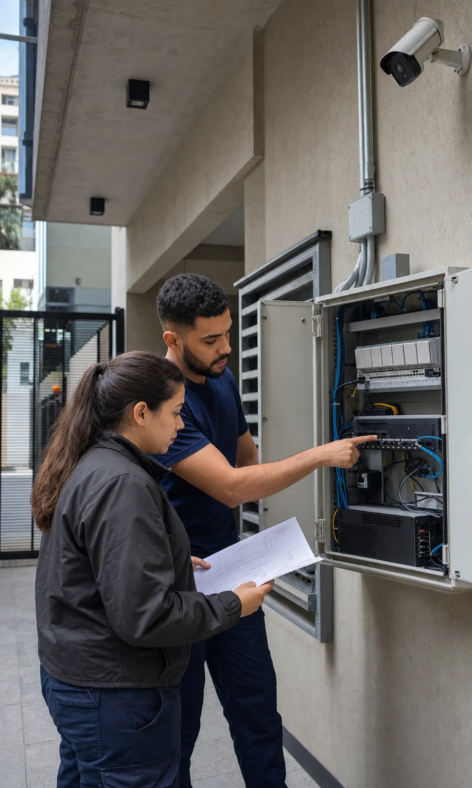 Profissionais conferindo uma instalação de rede e segurança eletrônica