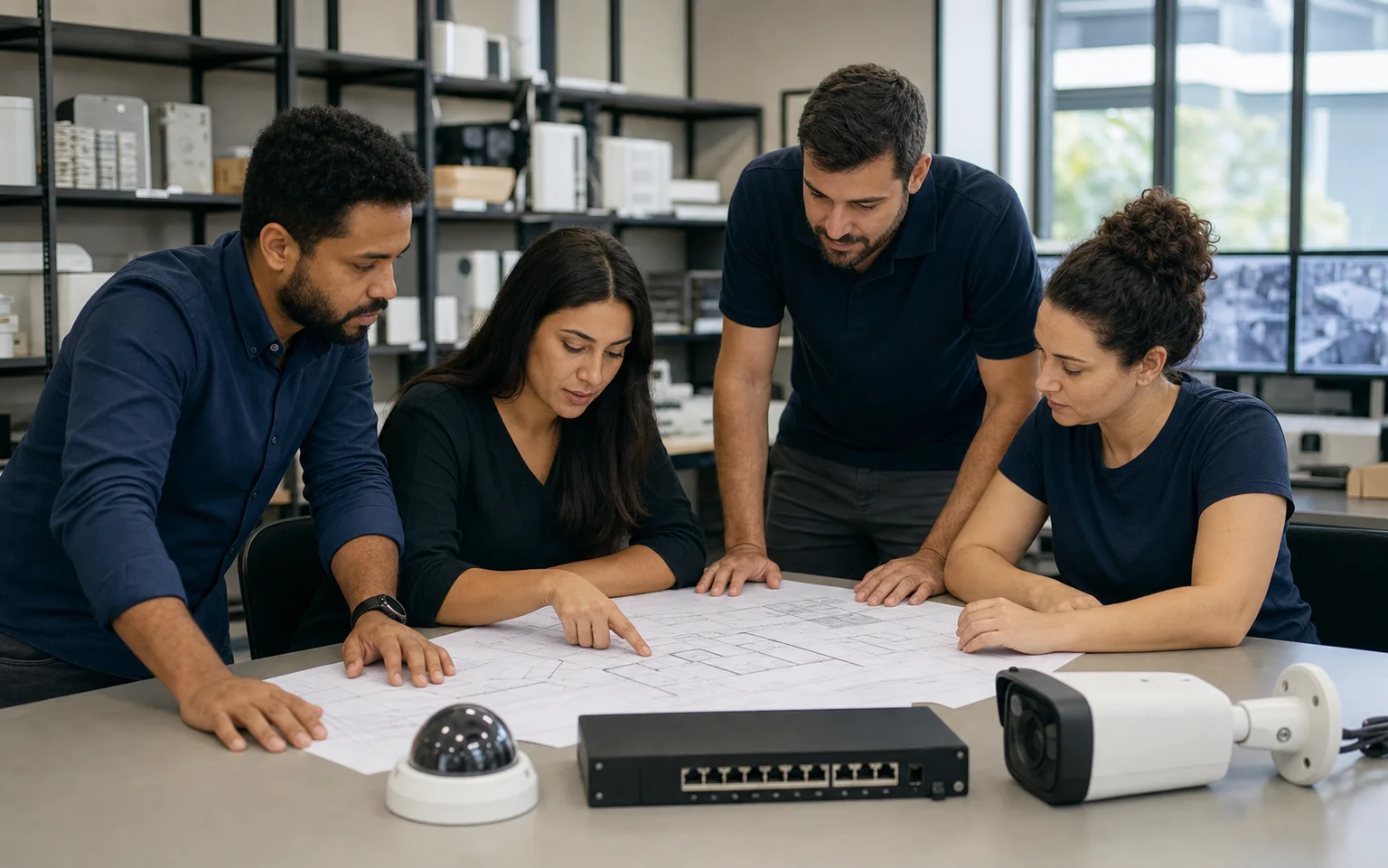 Equipe de tecnologia analisando uma planta e equipamentos de segurança eletrônica