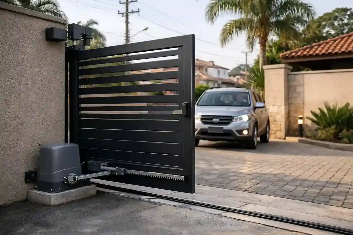 Portão residencial automatizado com motor e controle de acesso