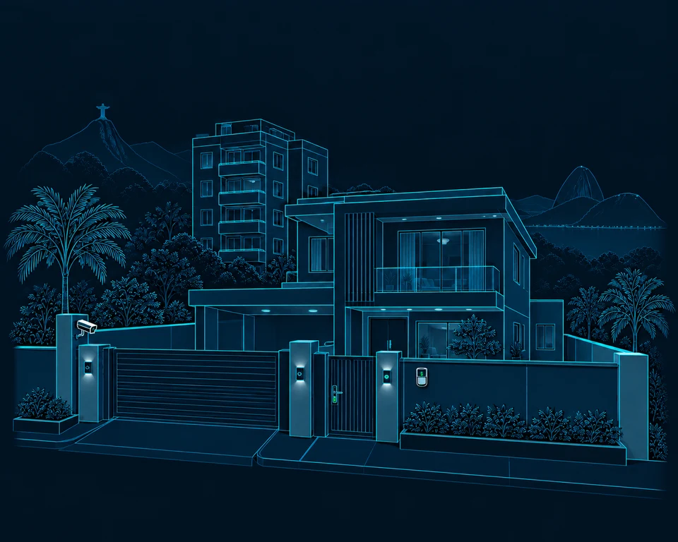 Casa e edifício residencial em linhas técnicas com sistemas de segurança