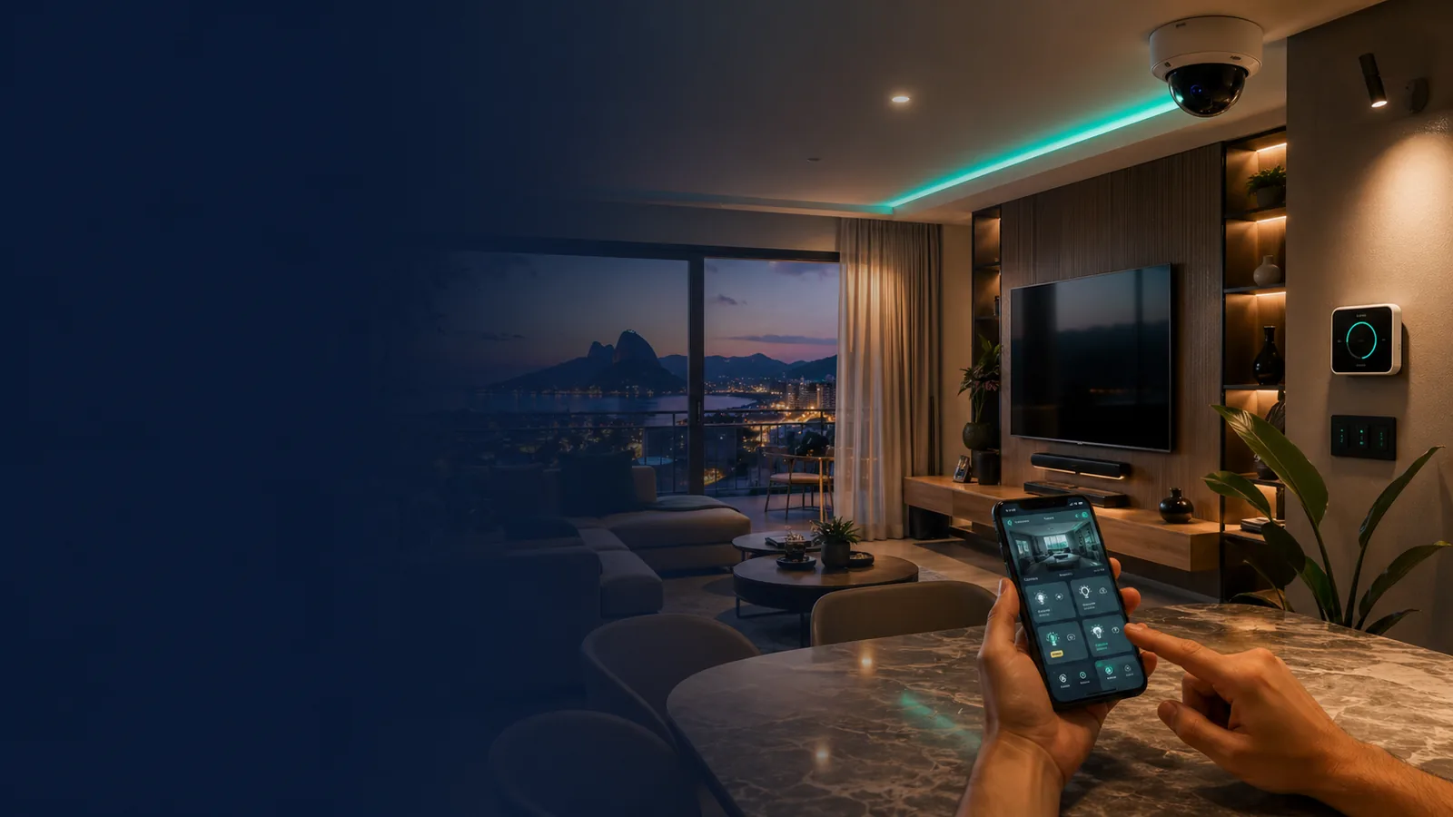 Ambiente residencial com dispositivos de casa inteligente integrados por aplicativo