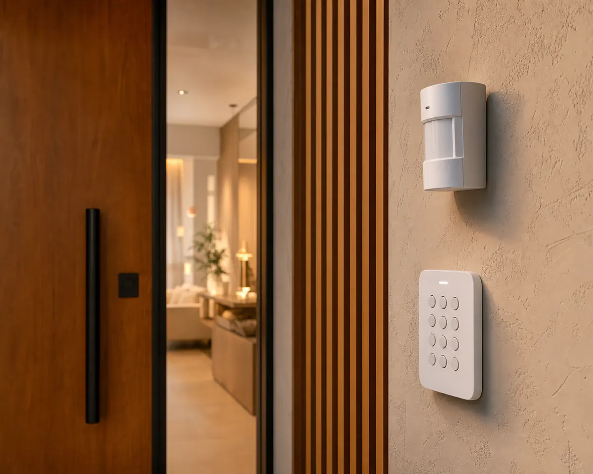 Sensor e teclado de alarme instalados em hall residencial