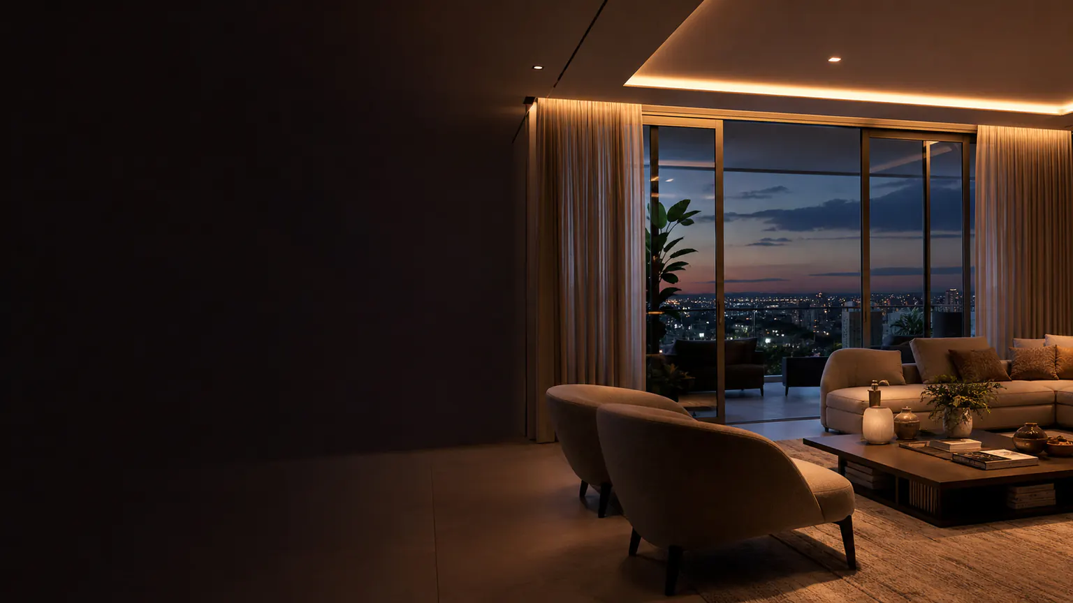 Sala residencial moderna com iluminação e automação integradas