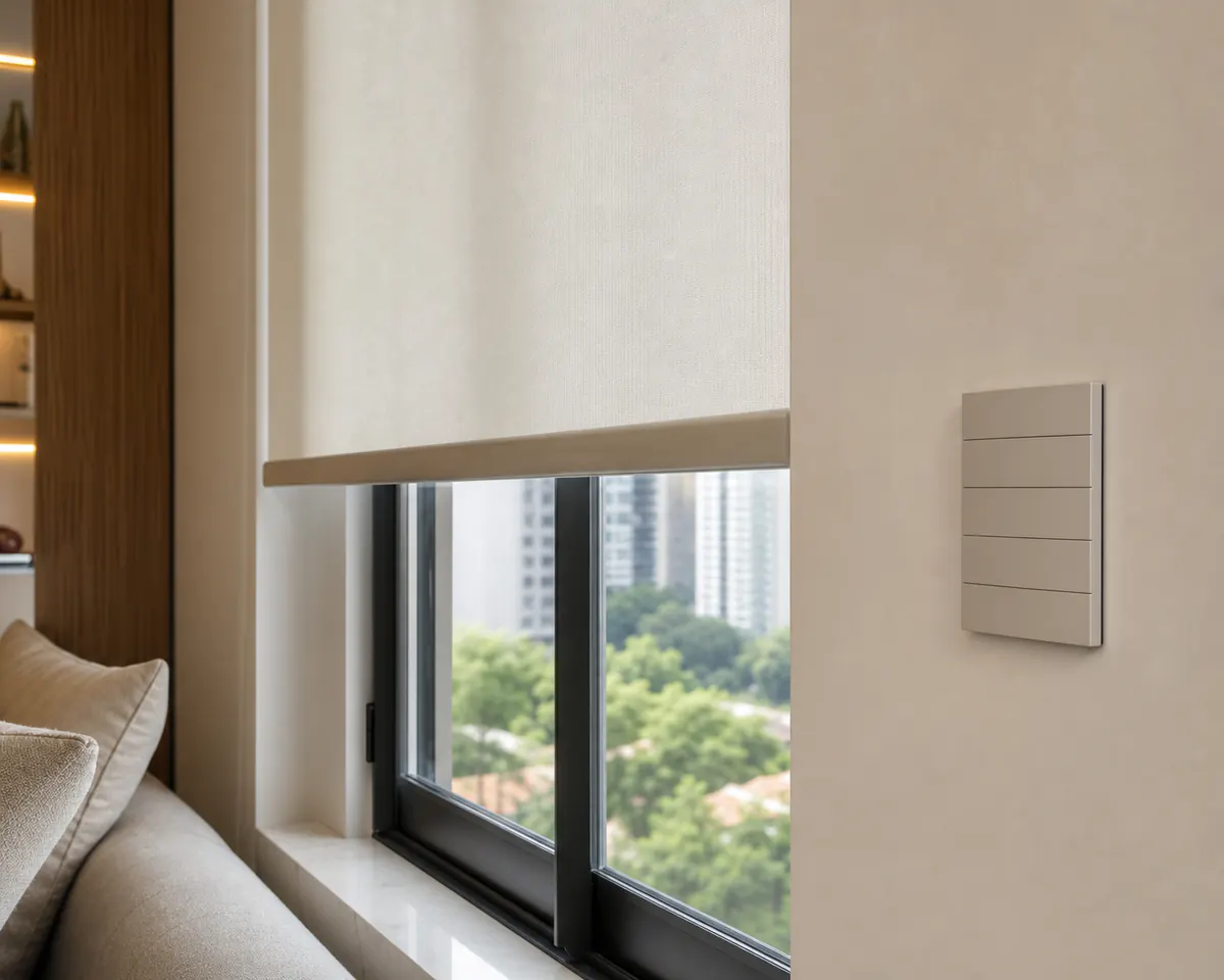 Detalhe de persiana automatizada em ambiente residencial