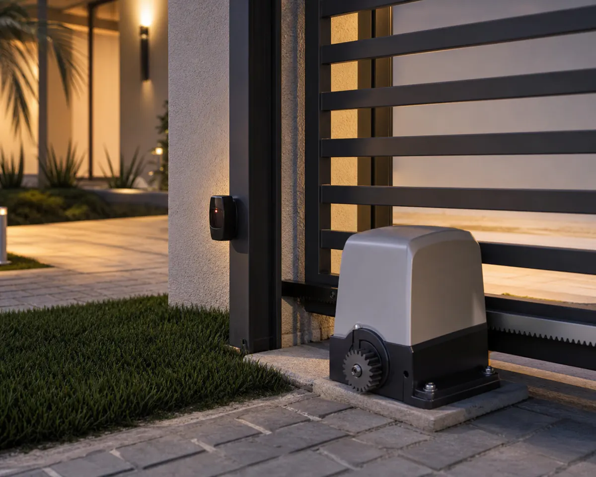 Motor e sensor de segurança instalados em portão residencial