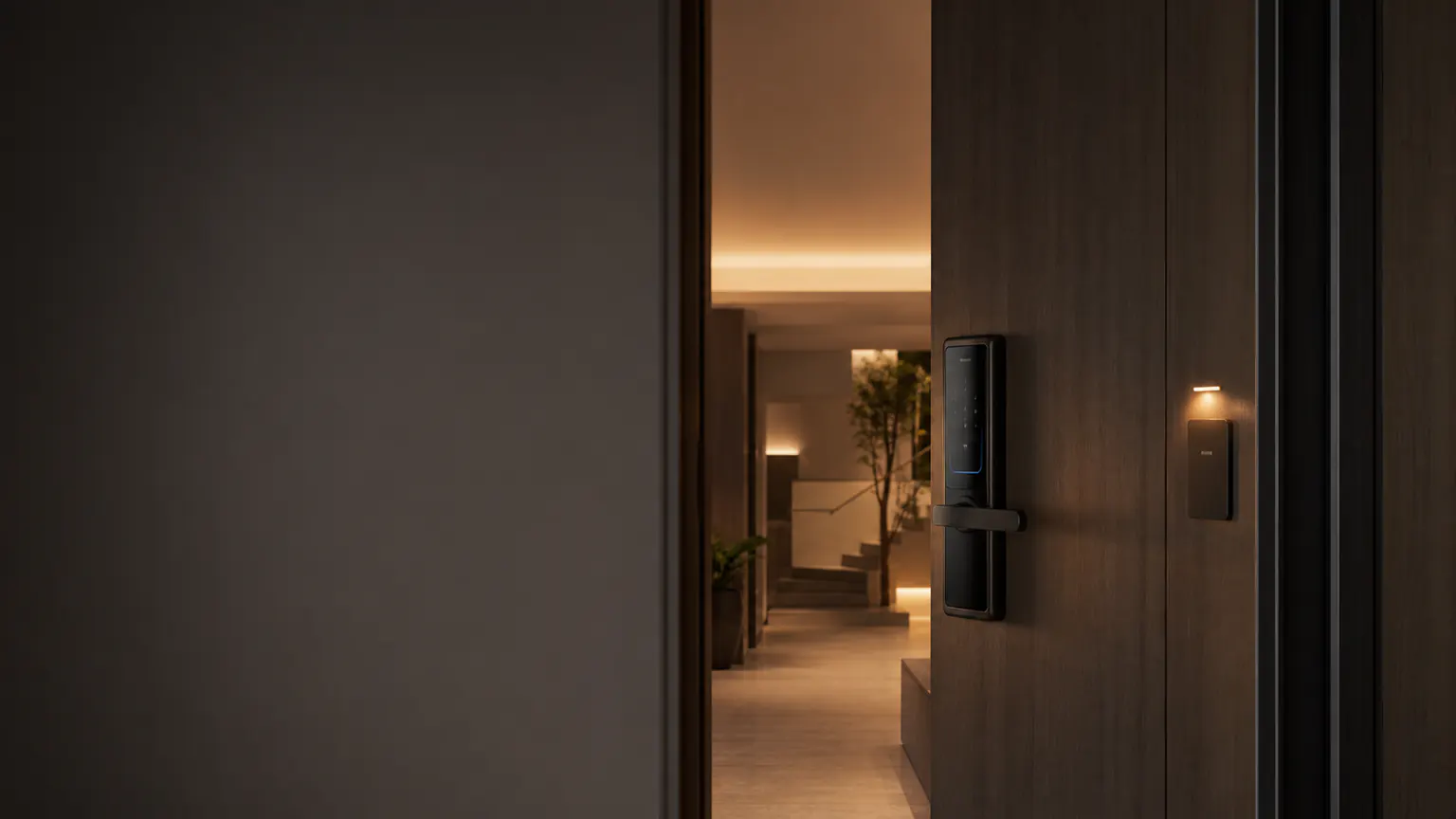 Fechadura eletrônica instalada em porta residencial contemporânea