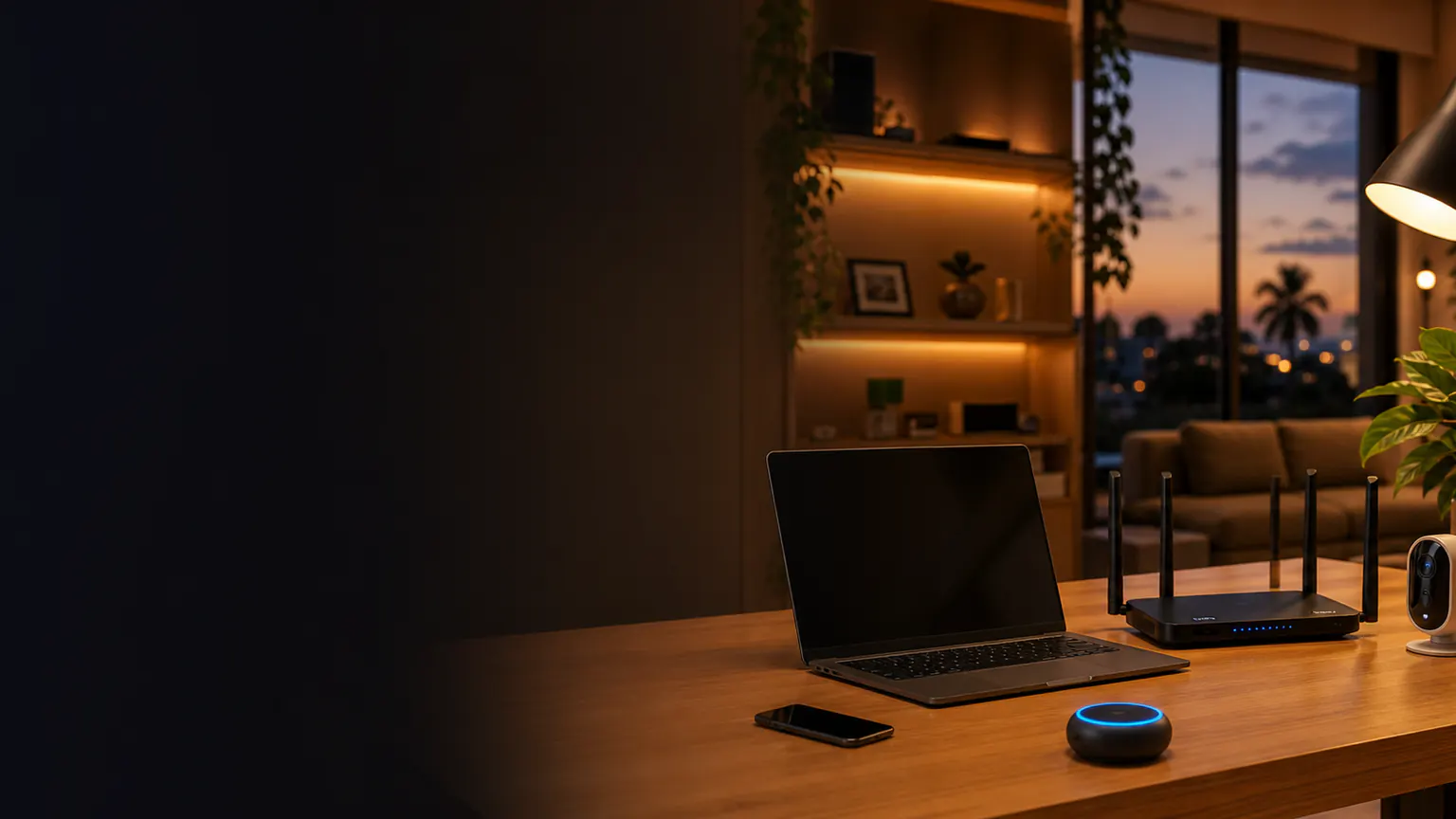 Home office residencial com rede Wi-Fi e dispositivos conectados