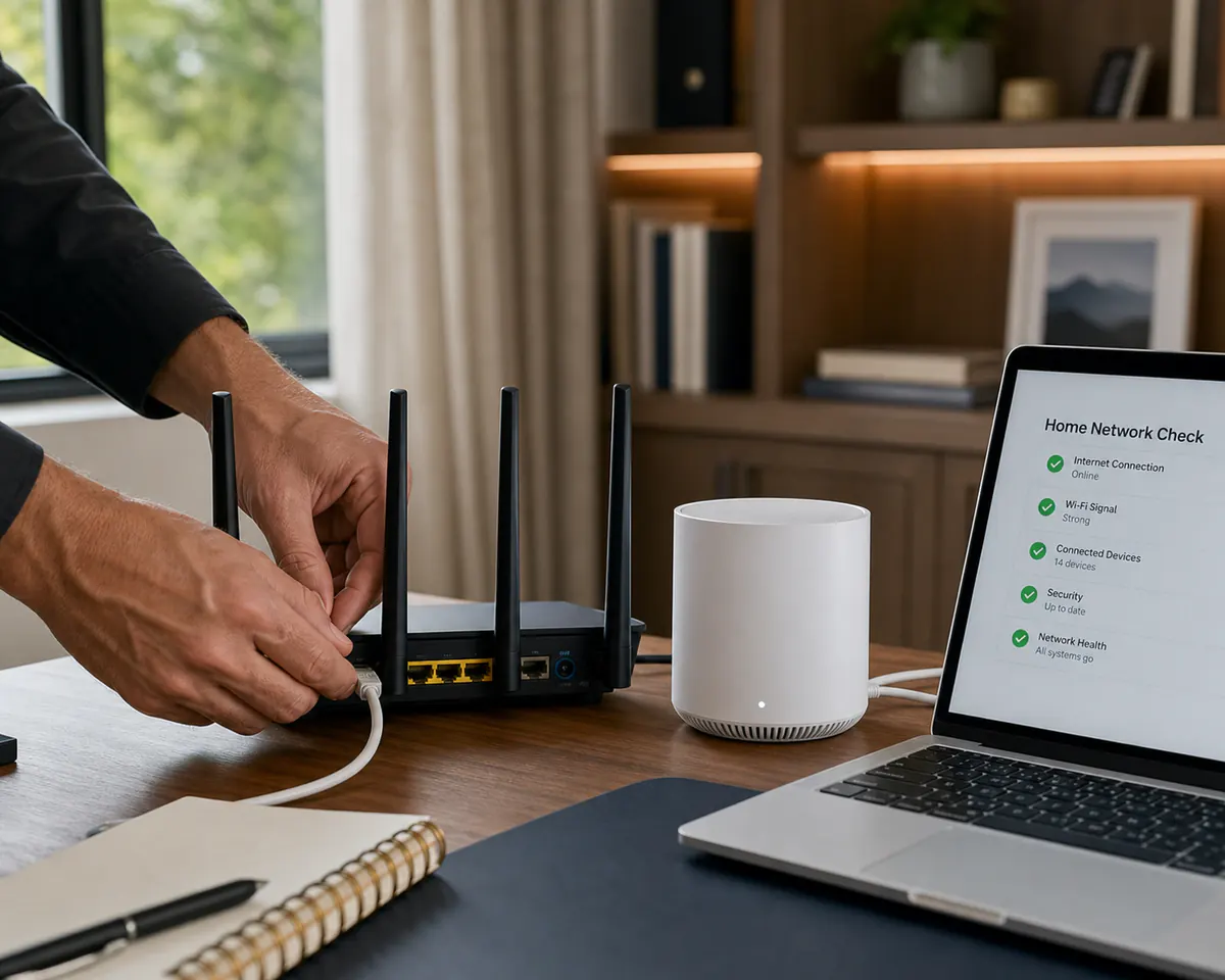 Roteador e dispositivos conectados em home office residencial